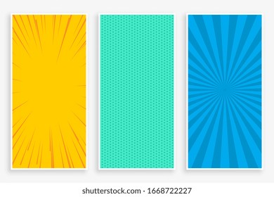three color comic style vertical banners set design