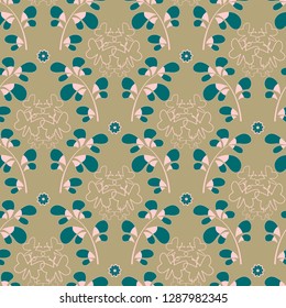 Three color damask trendy pattern with leafy scrolls, flowers and butterflies. Green (cyan), light brown and pastel pink seamless vector repeat pattern. 