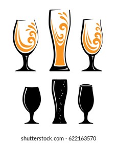 Three color different glass of orange juice. Three silhouettes of beer glasses. Vector illustration of glasses of water. Symbol glass flat style.