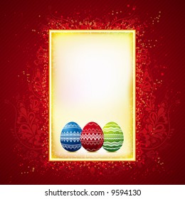 three color easter eggs over red and yellow background