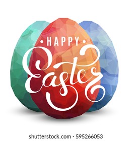 Three color eggs on white background. Happy Easter text greeting card design template. Modern square illustration.