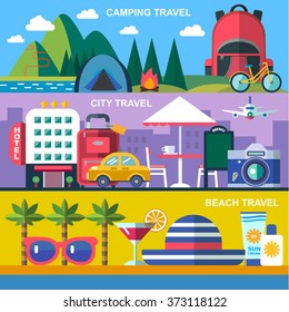 three color flat  style vector banners for summer travel