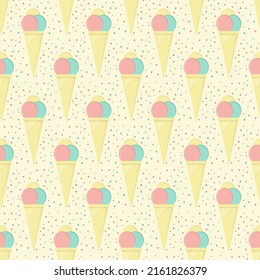 Three Color Ice Cream Con Pattern In Pistachio, Strawberry And Lemon Sorbet Colors. For Fashion And Textile Design, Home Decor, Marketing, Advertising And Web Graphic Design, Covering And Wrapping