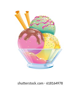 Three color ice cream with different flavors, berry, fruit, pistachio, vanilla or citrus with two wafer straws, crumbs, fillings, jam and sweet sauce. Cold, fresh dessert in a bowl, isolated vector