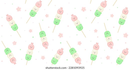 Three color kawaii Dango in the form of cute animals on a white background with cherry blossoms. Endless texture with Japanese dessert characters on a stick. Vector seamless pattern for wrapping paper