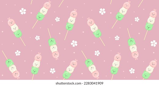 Three color kawaii Dango in the form of cute animals on a pink background with sakura flowers. Endless texture with Japanese dessert characters on a stick. Vector seamless pattern for surface texture