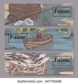 Three color landscape banners with fishing related sketches. Features fishing gear, fisherman in boat, fish in basket. Vector Illustration.