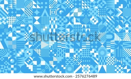 Three color light blue various geometric pattern tiles background illustration