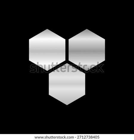 Three color metallic silver hexagons arranged in a triangular cluster on a solid black background, creating a modern geometric design.