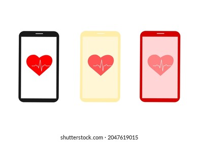 three color mobile phone with medical heartbeat application,vector icon