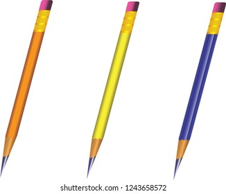Three color pencils vector illustration with different colors and eraser