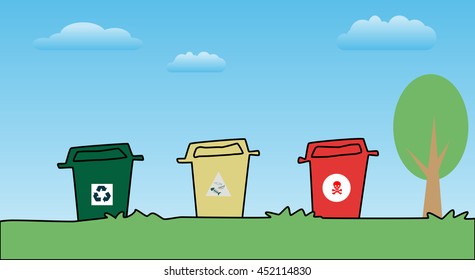 Three color plastic bins and tree against blue sky, vector illustration