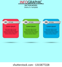 Three color rectangular element infographic on a blue background.Can be used as a business,advertising, presentation,process diagram, workflow layout, banner, flow chart, info graph,concepts,tables.