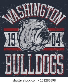 Three color retro "Bulldogs" athletic t-shirt design complete with bulldog mascot vector illustration, vintage athletic fonts and matching textures (all on separate layers, of course).