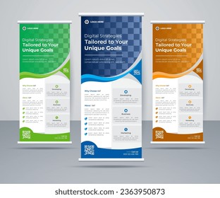 Diseño de la plantilla del soporte de banner Roll up de tres colores. Roll de negocios. Diseño estándar. Plantilla de banner. Ilustración vectorial.