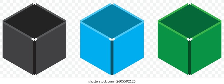 three color set of cubes illustration. 3d box perspective sign Cube vector icon on Transparent Background. EPS 10.
