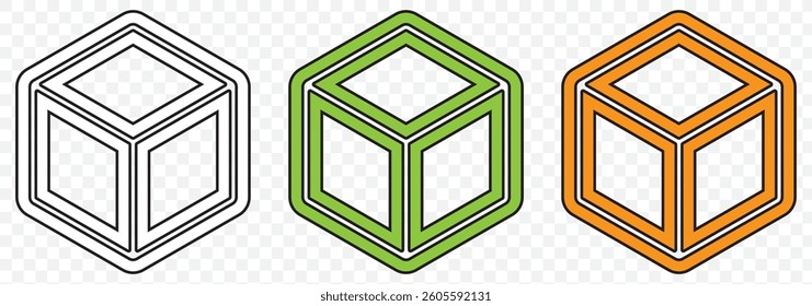 three color set of cubes illustration. 3d box perspective sign Cube vector icon on Transparent Background. EPS 10.
