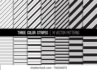 Three Color Stripes Vector Patterns. Black, White and Gray Diagonal and Horizontal Lines. Modern Striped Backgrounds. Set of Pin Stripes and Candy Stripes. Pattern Tile Swatches Included.