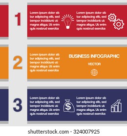 Three color strips, infographics template for business conceptual cyclic processes, workflow, banner, diagram, web design, timeline, area chart 