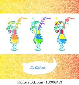 Three color summer cocktail. Beach drink with cherry and umbrella.