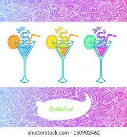 Three color summer cocktail. Martini drink with orange and little fish.