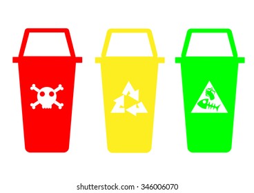 three color trash bins open and closed isolated white