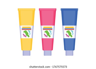 Three color tubes isolated on white background. Yellow, pink and blue oil paint in tubes. Material for artists concept. Vector illustration.