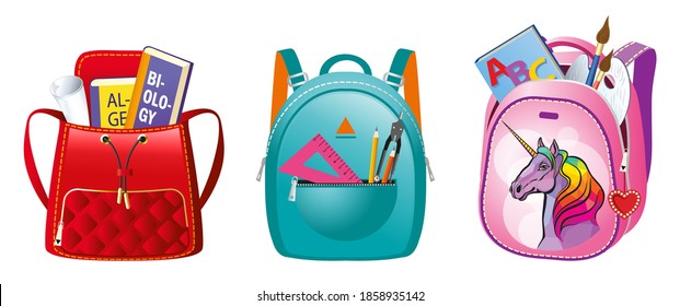 Three color vector images of school bags with ruler, textbooks, compasses, pencils and brushes