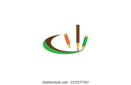 Three color vertical abstract graphic creative pencil logo template, vector illustration isolated on white background. Stylized graphic logotype, logo design with single pencil pointing down