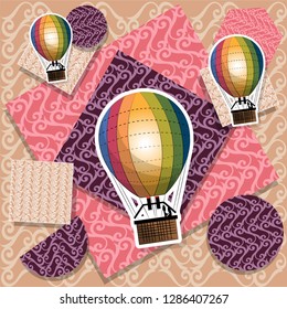 Three colored balloons on the background of a collage of chaotically arranged fragments of variegated fabric. Vector illustration