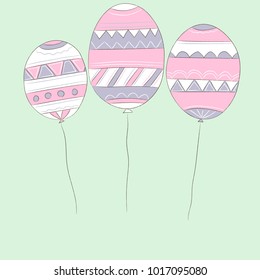 Three colored balloons on a green background. Vector.