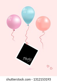 Three colored balls. A photo is tied to one ball. Theme in soft pink tones.