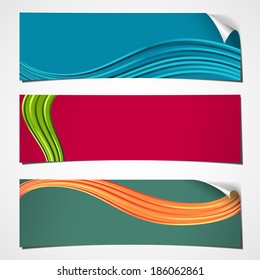 Three colored banners with curled corner and abstract wave. Vector illustration.