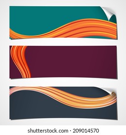 Three colored banners with curled corner and abstract wave. Vector illustration.