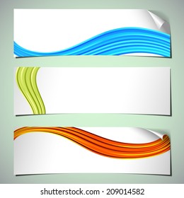 Three colored banners with curled corner and abstract wave. Vector illustration.