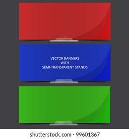 Three colored banners with semitransparent stands. Background an