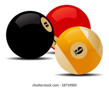 Three colored billiard balls over white