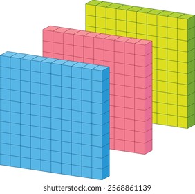 Three colored blocks arranged in a geometric pattern