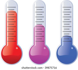 Three colored bulb thermometers (red, violet, and blue) to represent different temperatures.