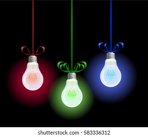 three colored bulbs hanging on the colored ribbons on the black background, vector