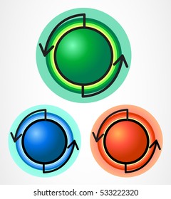 Three colored buttons: green, red and blue with a thin black arrow around the directional and multi-colored circles at the base, vector illustration