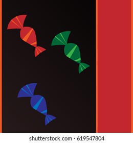 Three colored candies with an abstract, geometric pattern on a dark brown background.