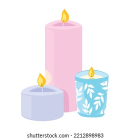 Three colored candles. Purple, pink and blue. Burning wick. Cozy home. Flame. Decoration. Vector illustration. White background.