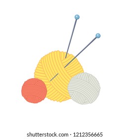 Three colored cartoon balls of yarn with knitting needles. Elements are easy to move. Vector illustration.Cartoon style