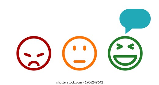 Three colored cartoon emoticons, set emotion. Positive customer reviews. Feedback concept rating. Speech bubble on happy smile face, experience, satisfaction survey – vector