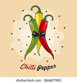 Three colored chili peppers tied with a black ribbon with a bow on a brown background with polka dots 