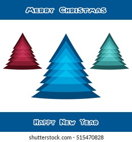 Three colored Christmas trees. blue stripes with the inscription: Merry Christmas and Happy New Year. abstract bells. 