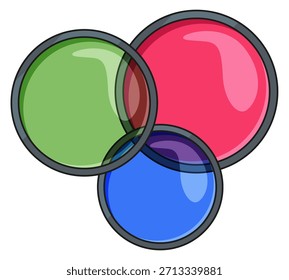 Tres círculos de colores con uno azul en el medio