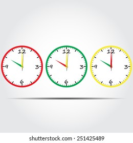 Three colored clock icon with shadow on gray background vector