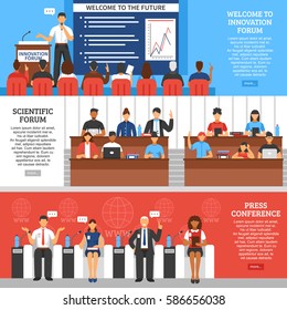 Three colored conference presentation banner set with scientific forum press conference and welcome to innovation forum descriptions vector illustration